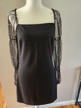 Black Mini Dress with Pearl-Embellished Sheer Sleeves
